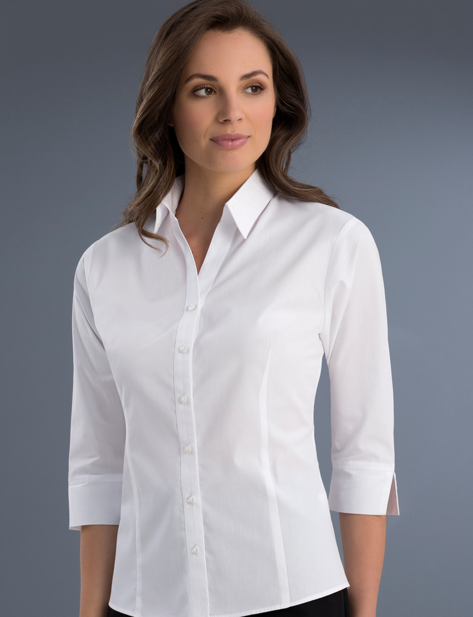 Women's White Fitted 3 Quarter Sleeve Cotton Shirt