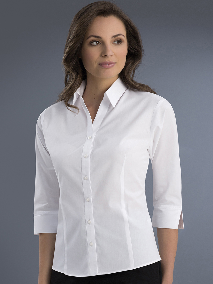 Style 730 White - Womens 3/4 Sleeve Twill - John Kevin | Business Shirts